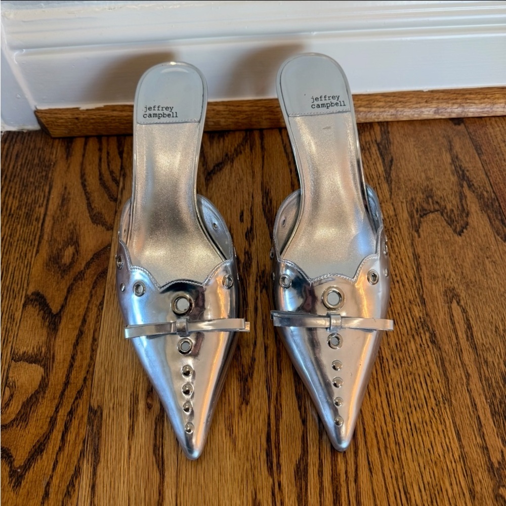 Jeffrey Campbell Metallic Silver Pointed Mules with Grommet Detail